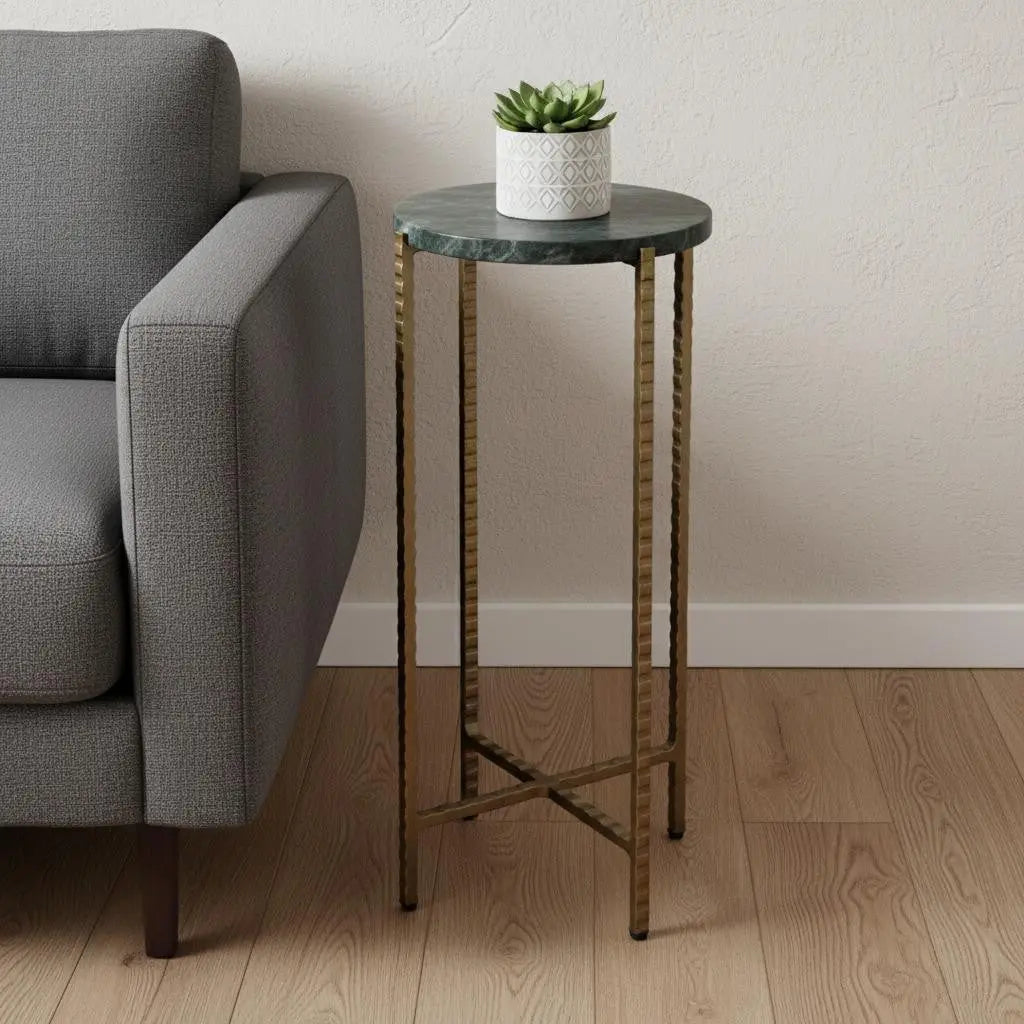 21" Green and Gold Marble and Iron Drink Size Round End Table - GreatEagleInc
