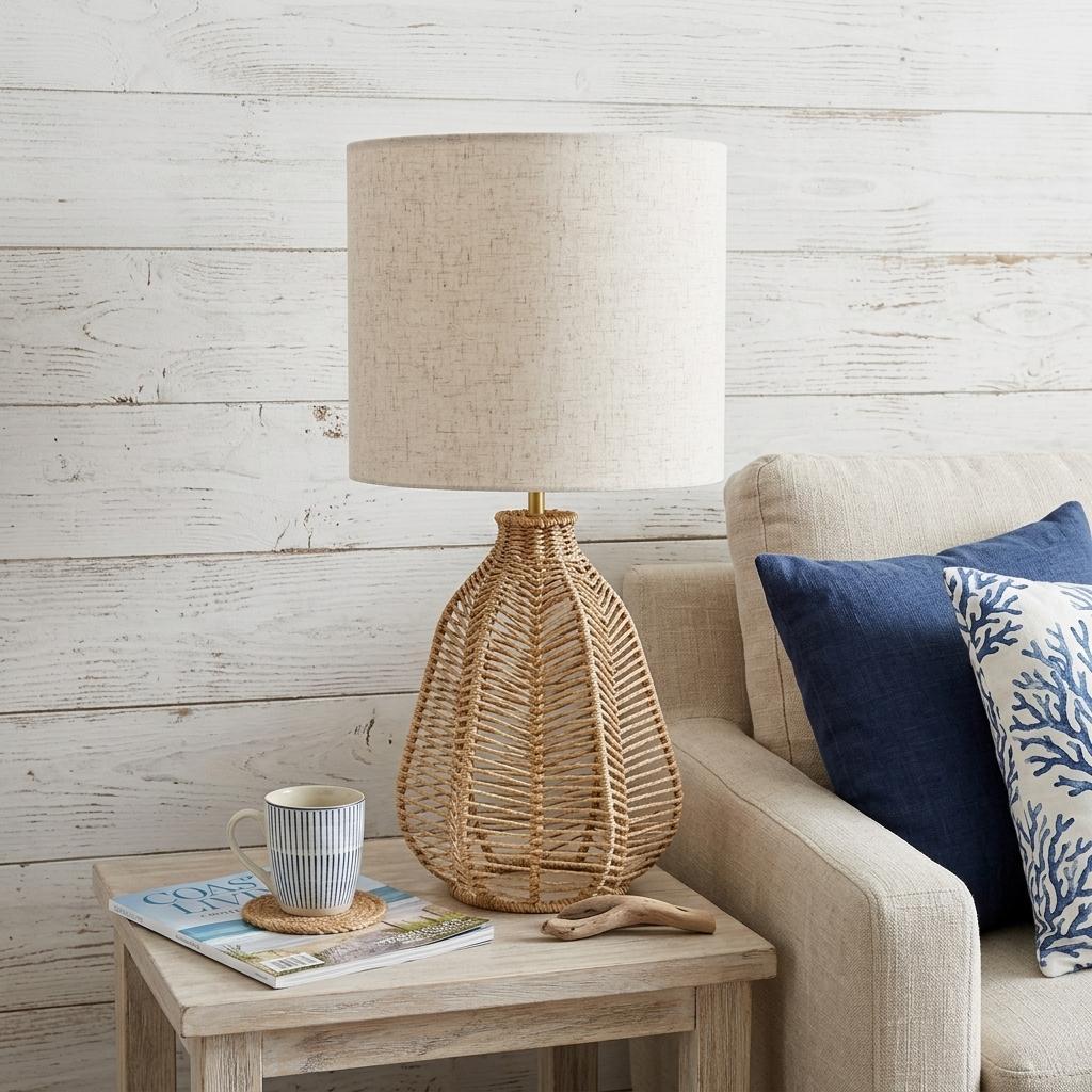21" Natural Rope Rattan Table Lamp With Drum Shade Homeroots Lighting