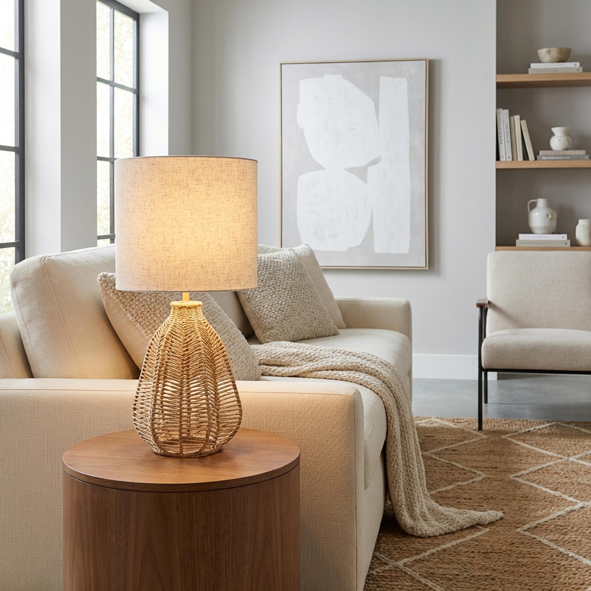 21" Natural Rope Rattan Table Lamp With Drum Shade Homeroots Lighting