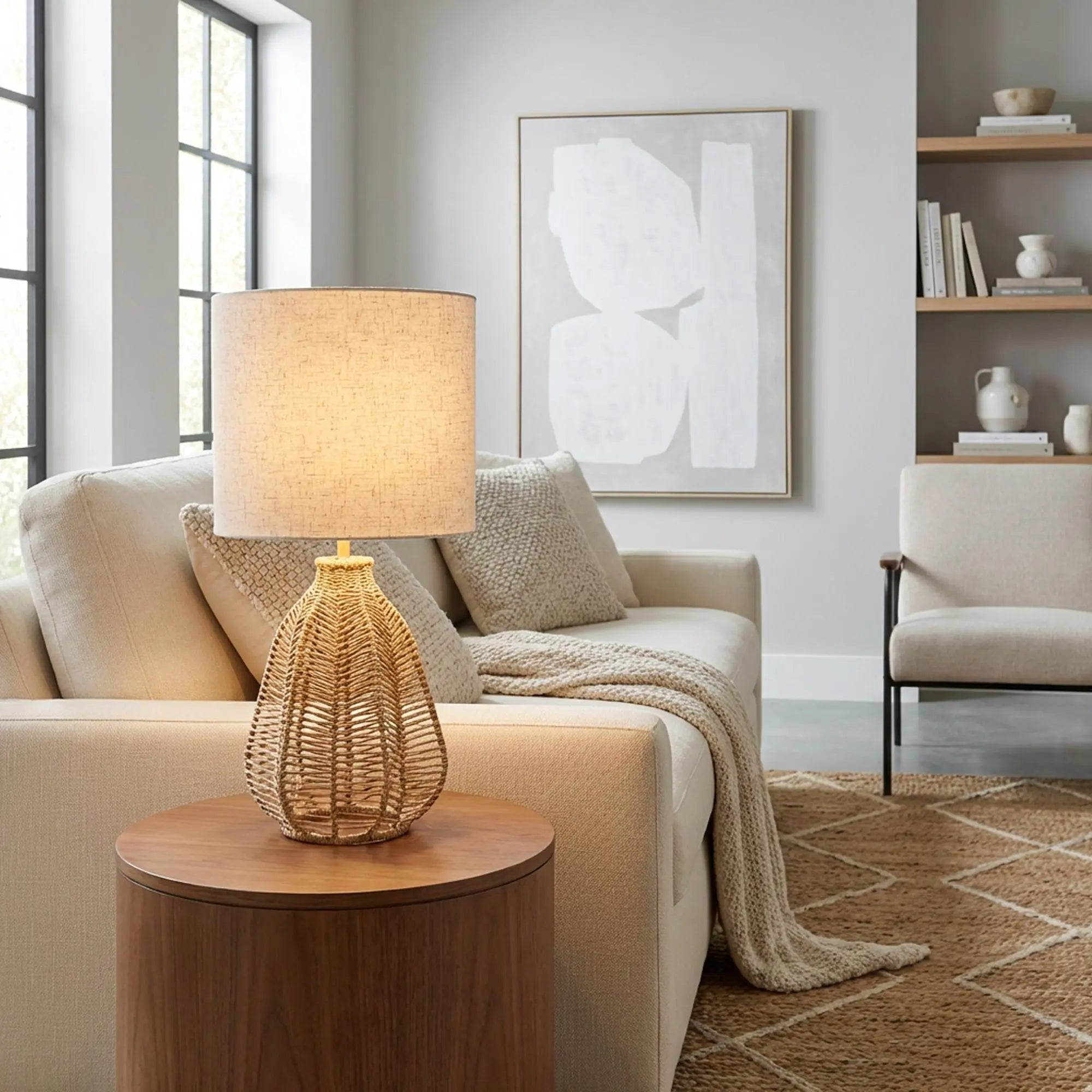 21" Natural Rope Rattan Table Lamp With Drum Shade Homeroots Lighting
