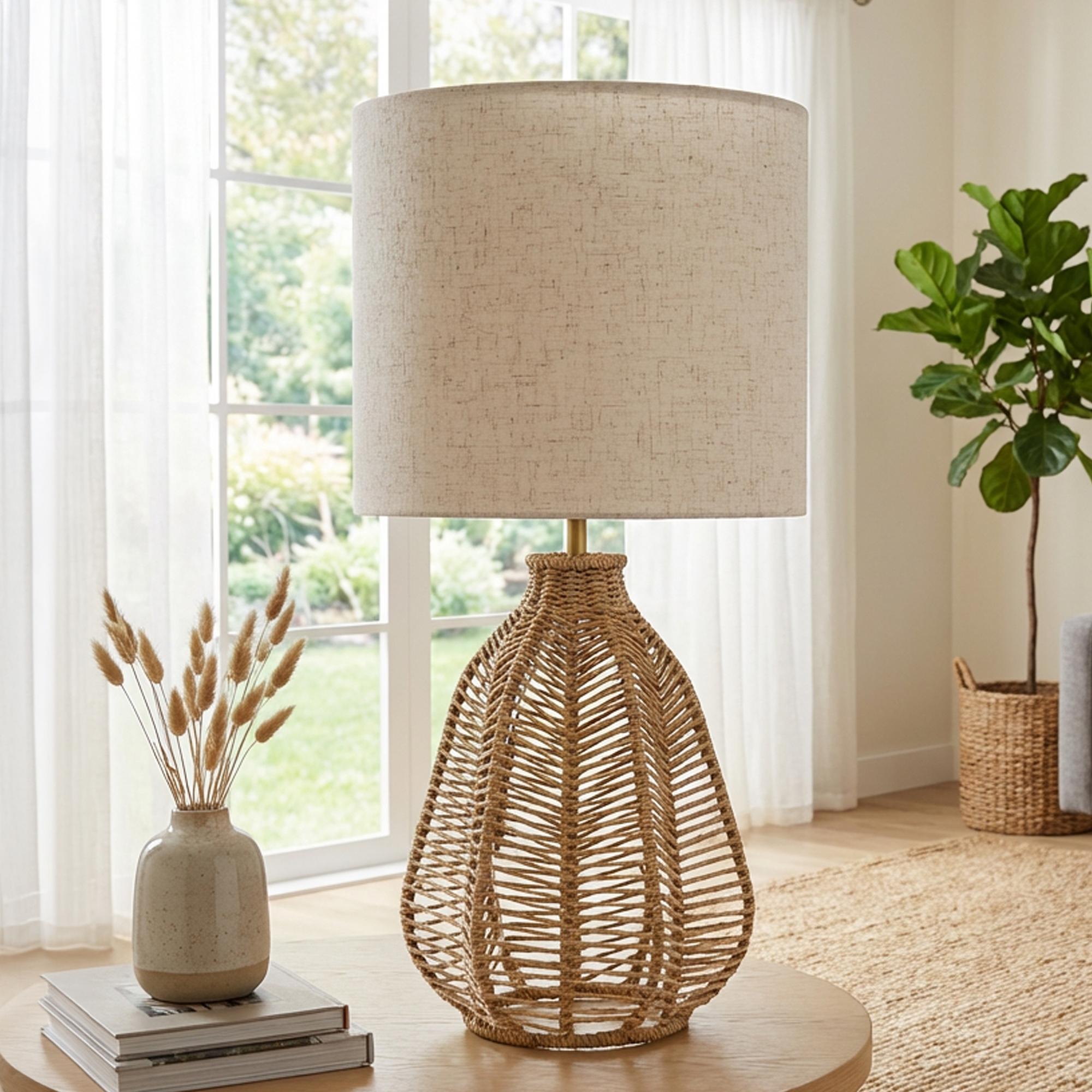 21" Natural Rope Rattan Table Lamp With Drum Shade Homeroots Lighting