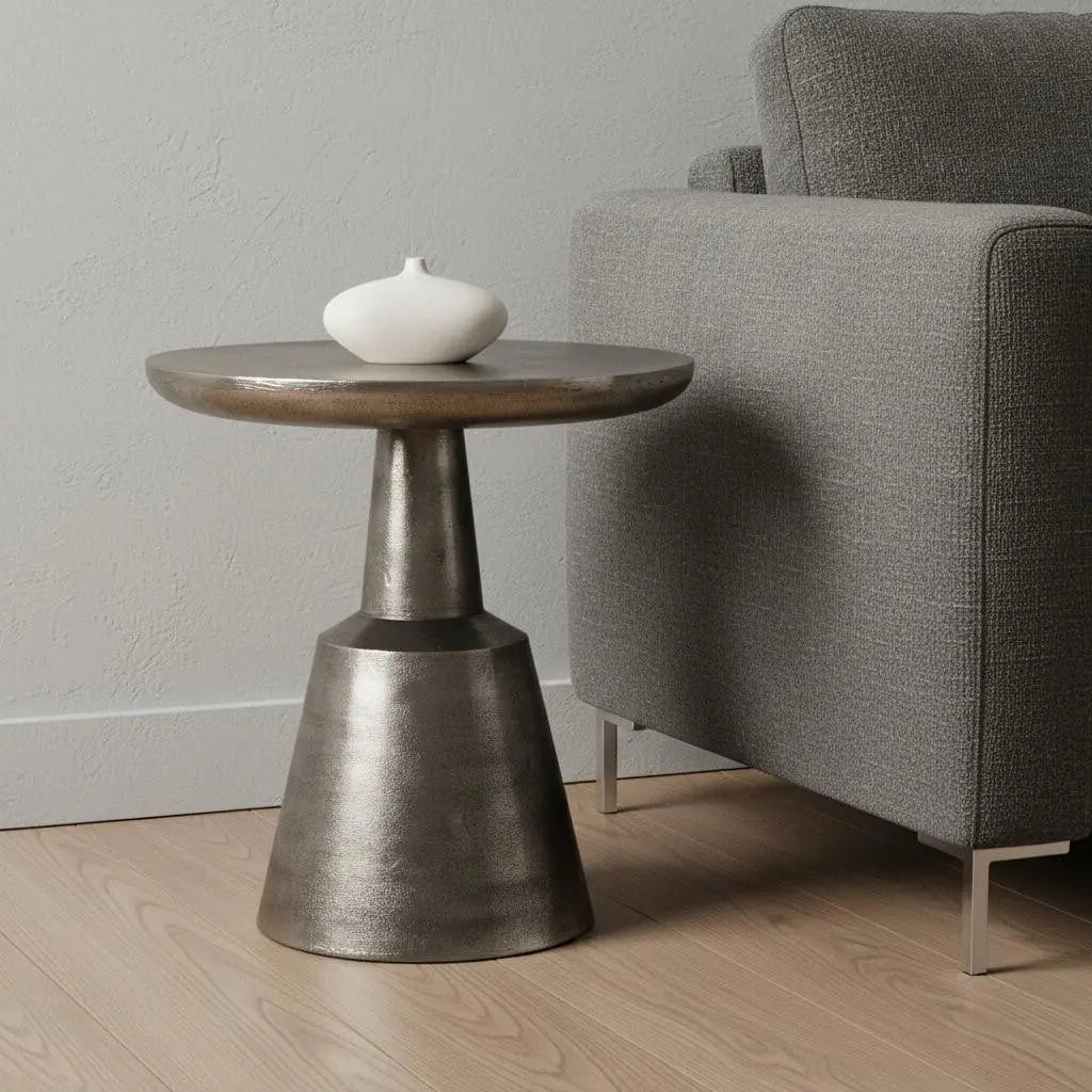 21" Silver Distressed Iron Round Pedestal End Table Homeroots Living Room