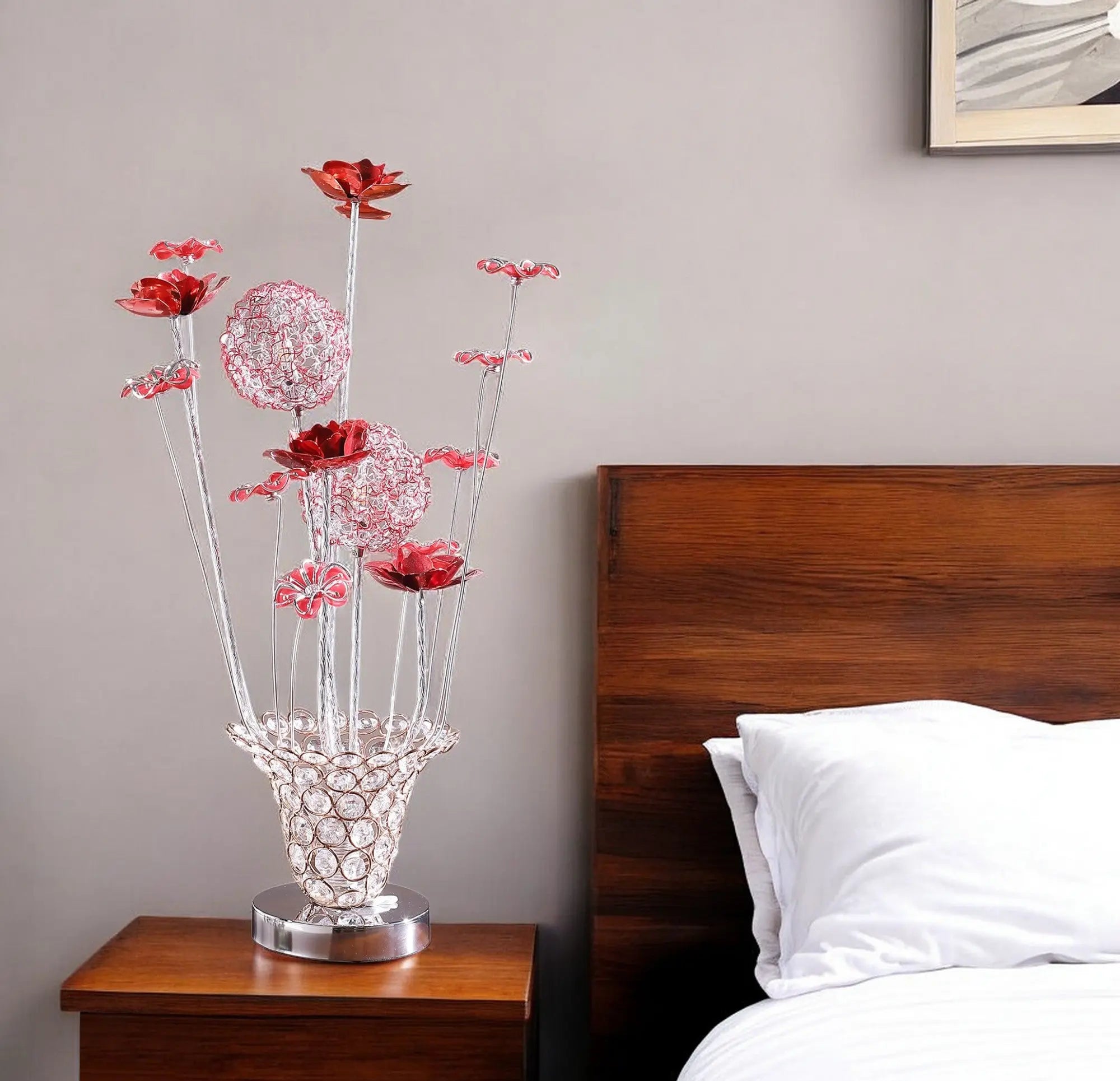 21" Silver and Clear Metal and Faux Crystal Red Roses Bedside Lamp Homeroots Lighting