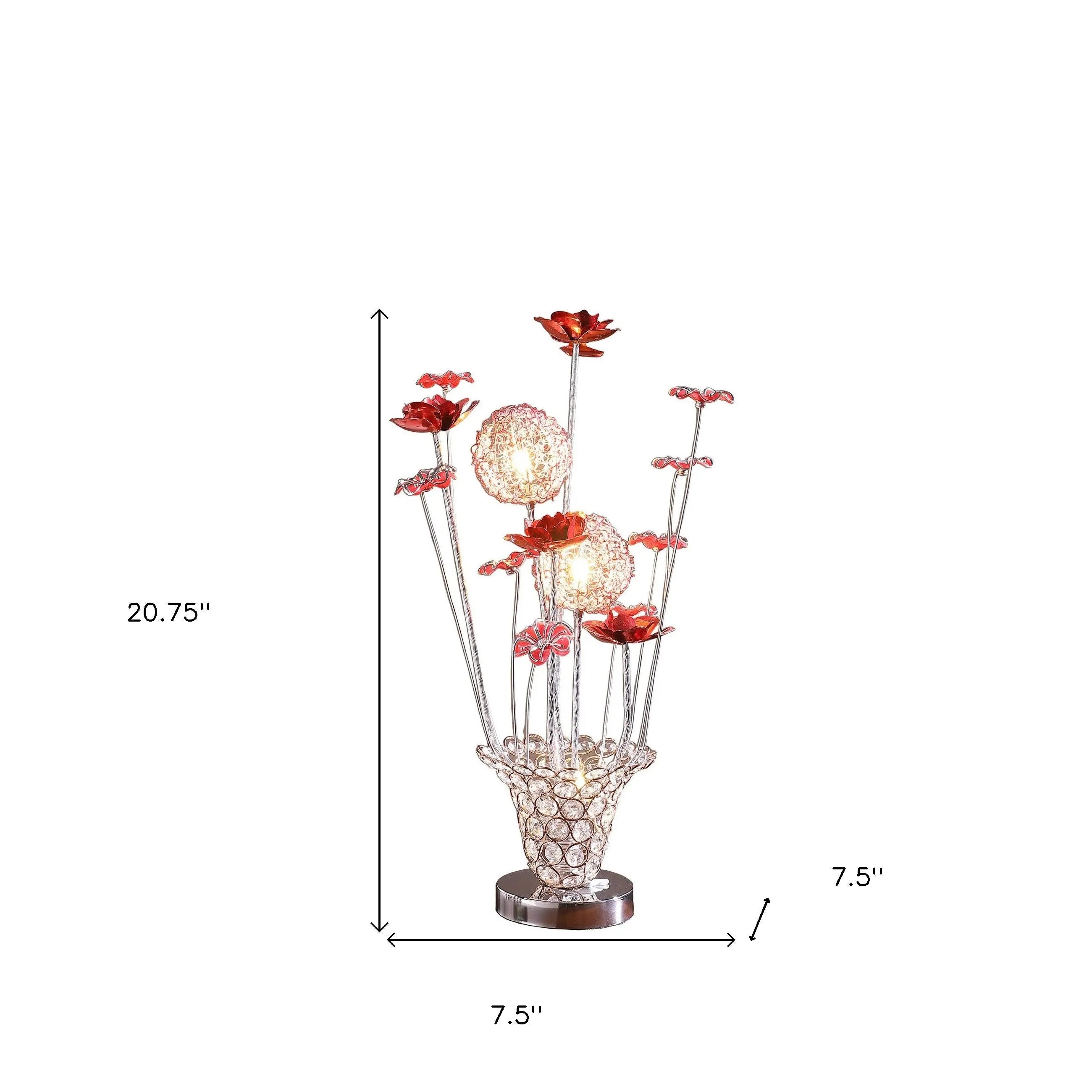 21" Silver and Clear Metal and Faux Crystal Red Roses Bedside Lamp Homeroots Lighting