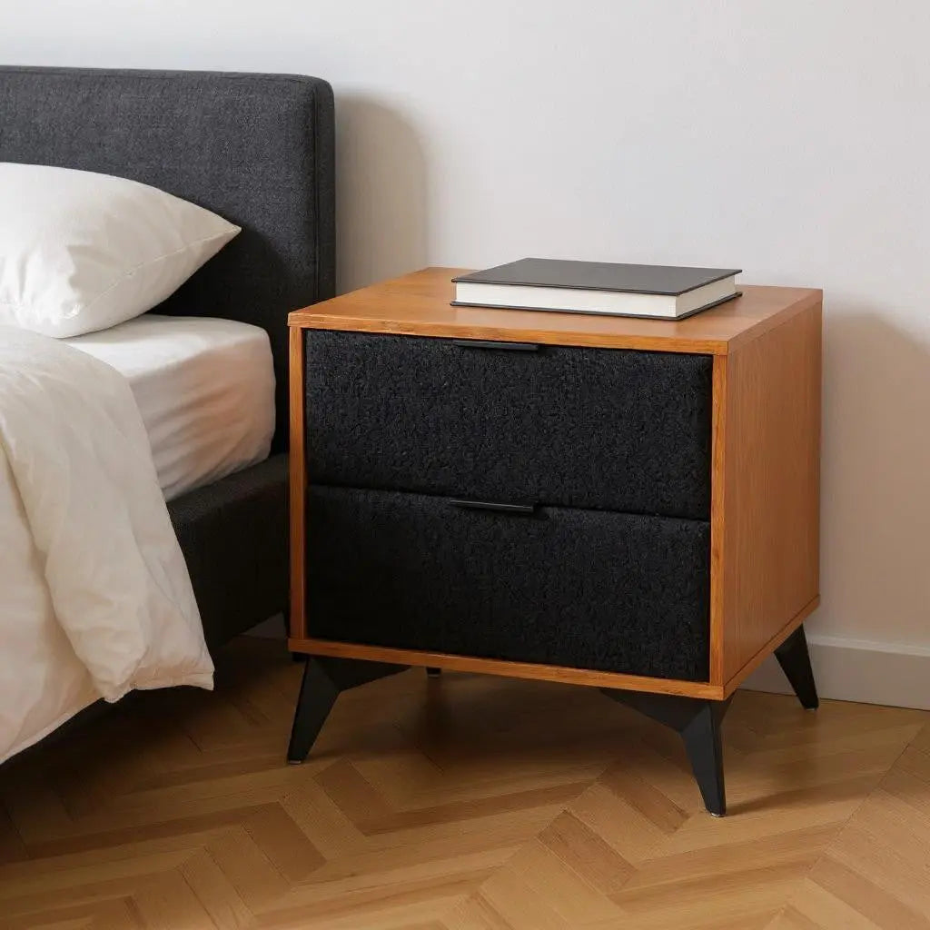 21" Walnut Wood and Steel Two Drawer Nightstand Homeroots