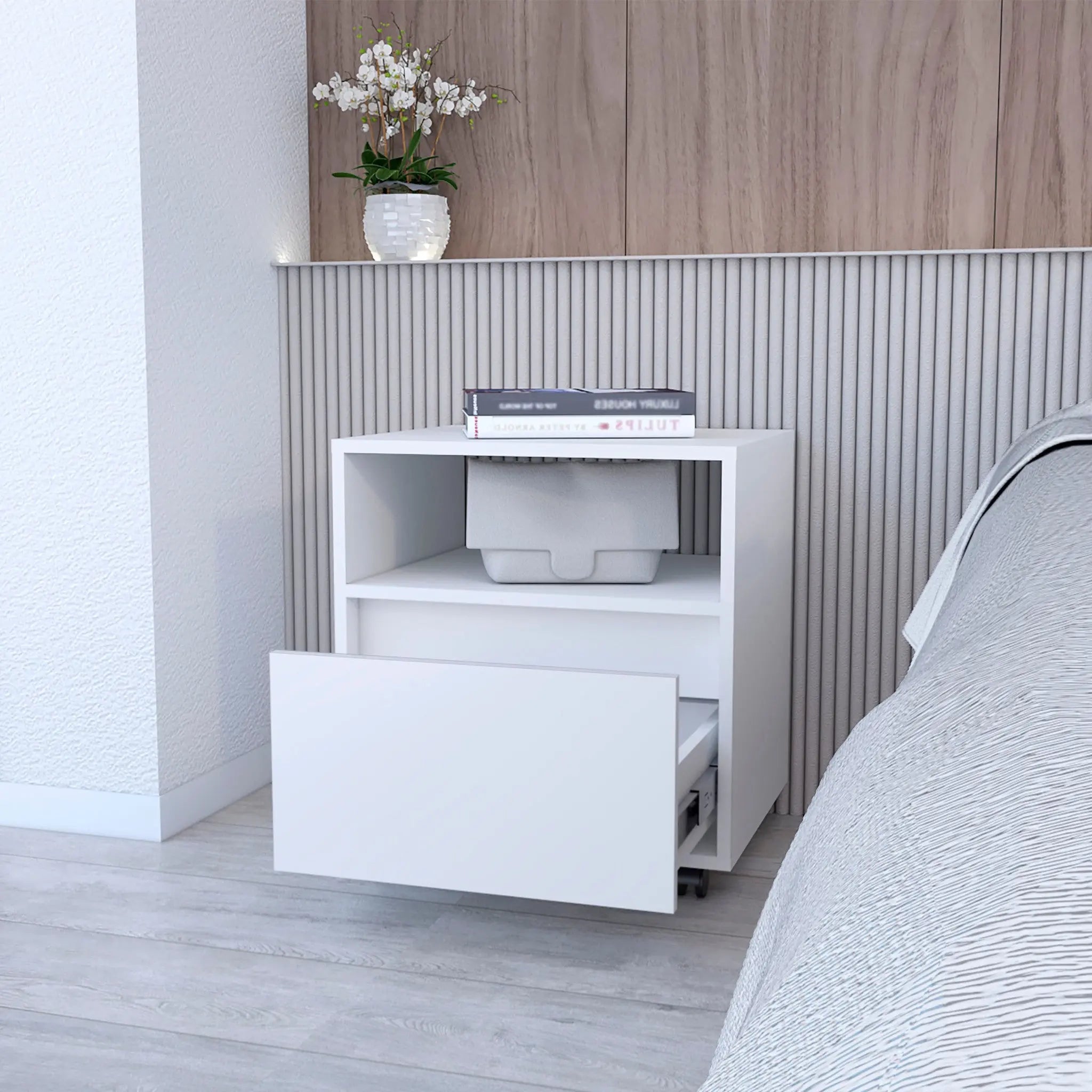 21" White Wood One Drawer Nightstand with Integrated Tech Homeroots Bed & Bath