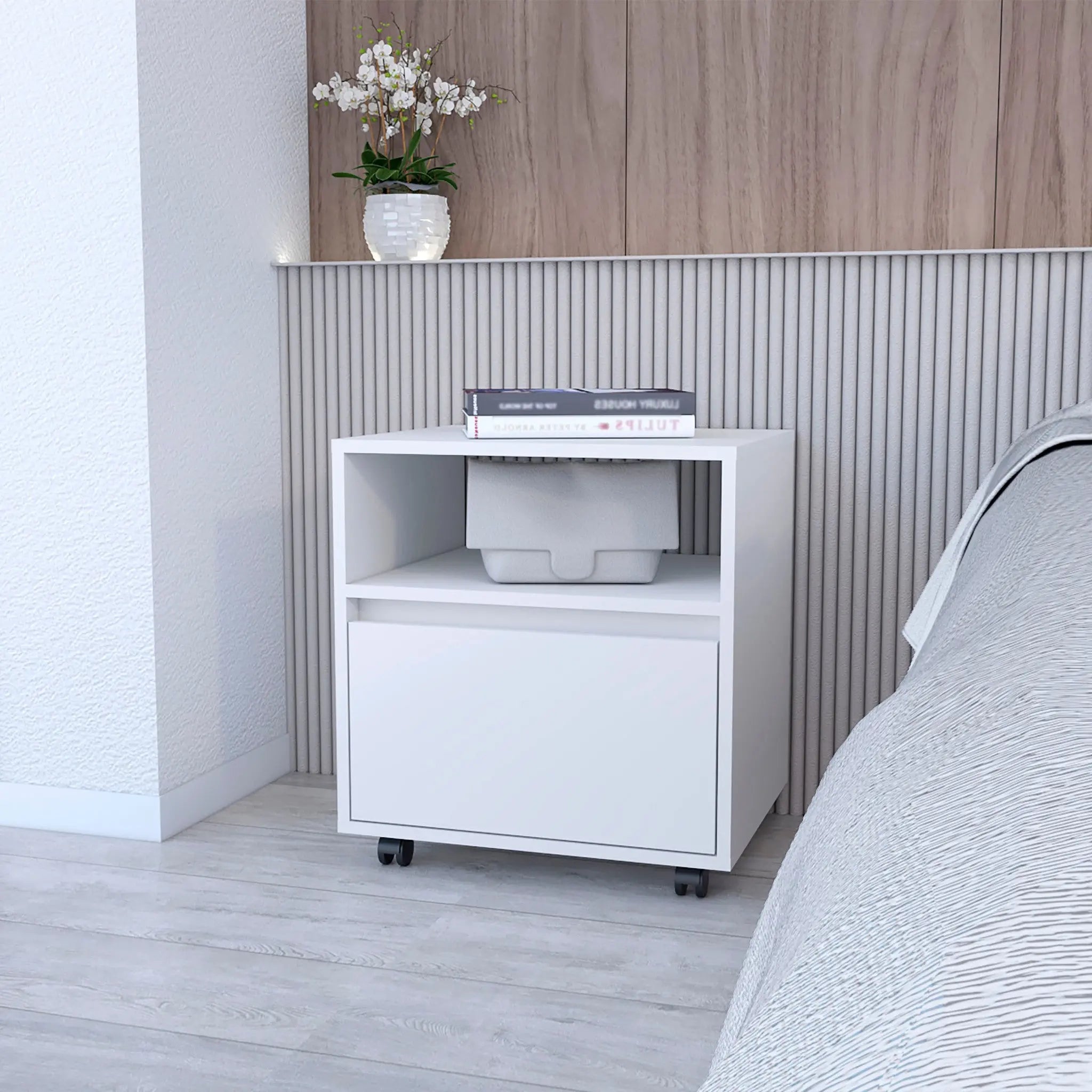 21" White Wood One Drawer Nightstand with Integrated Tech Homeroots Bed & Bath