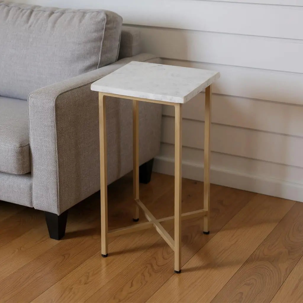 21" White and Gold Distressed Marble and Iron Square End Table - GreatEagleInc