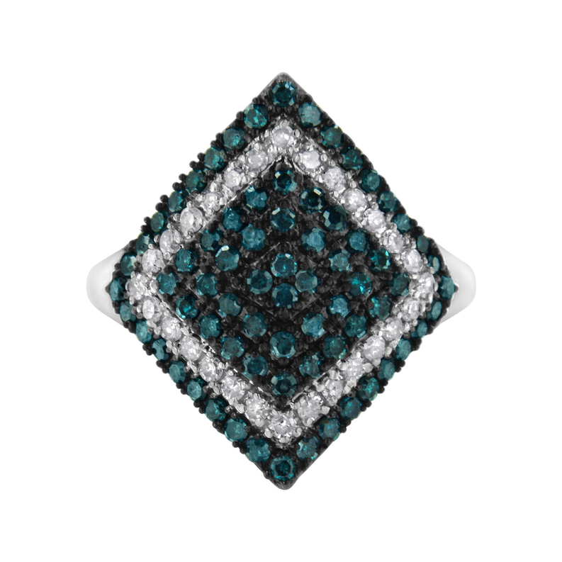 .925 Sterling Silver 1 cttw White and Treated Blue Diamond Rhombus Cocktail Ring (Blue, I3) Luxcom