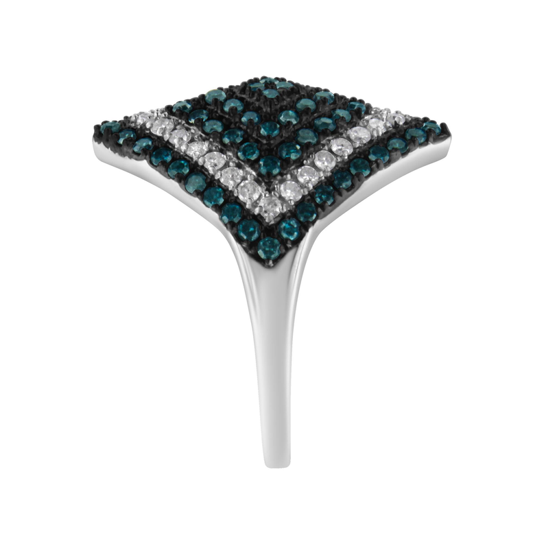 .925 Sterling Silver 1 cttw White and Treated Blue Diamond Rhombus Cocktail Ring (Blue, I3) Luxcom