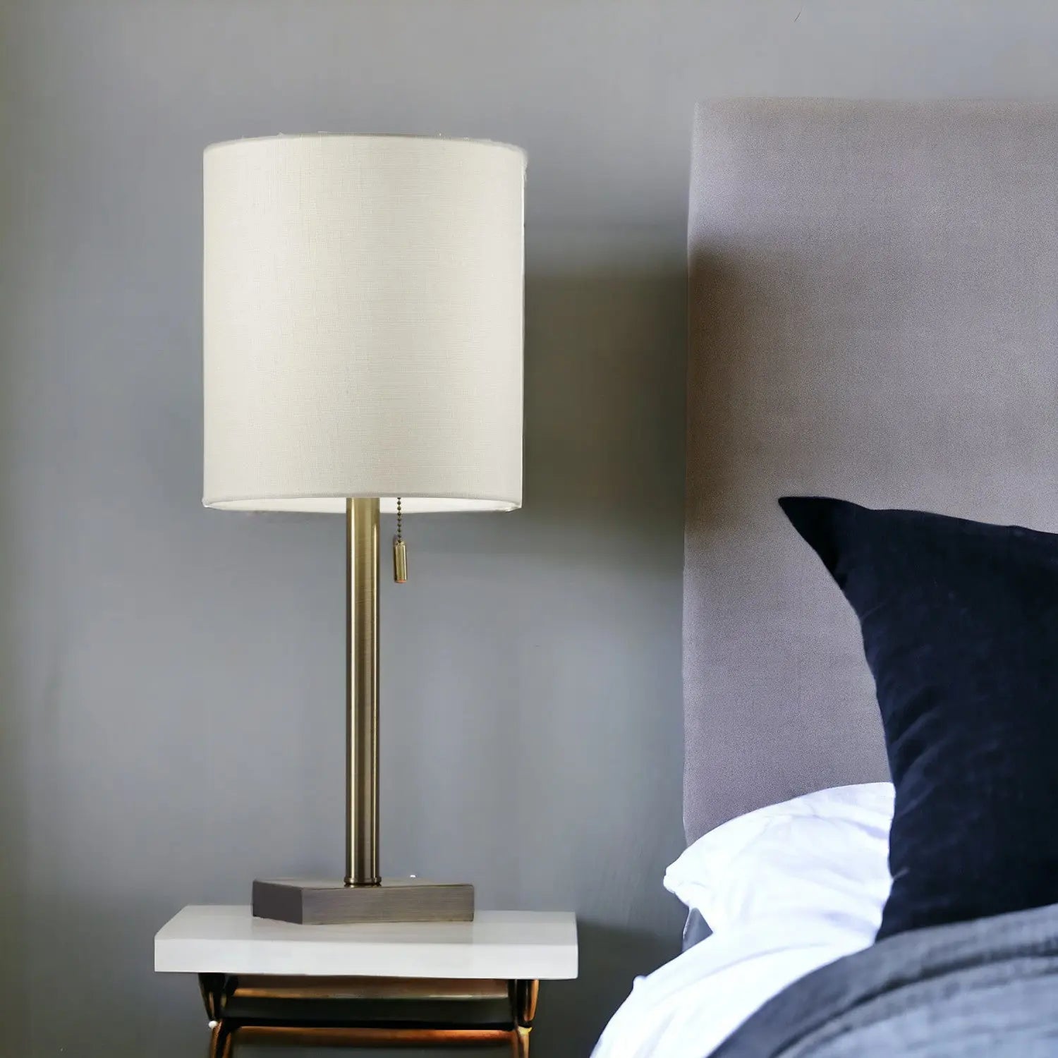 22" Antiqued Brass Metal Cylinder Table Lamp With Off White Drum Shade Homeroots Lighting