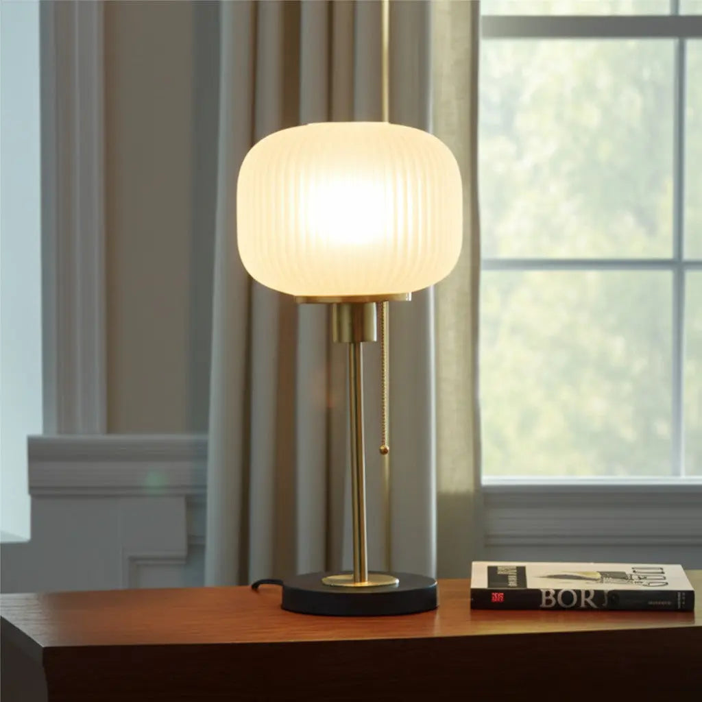 22" Antiqued Brass Table Lamp With White Ribbed Frosted Glass Dome Shade - GreatEagleInc