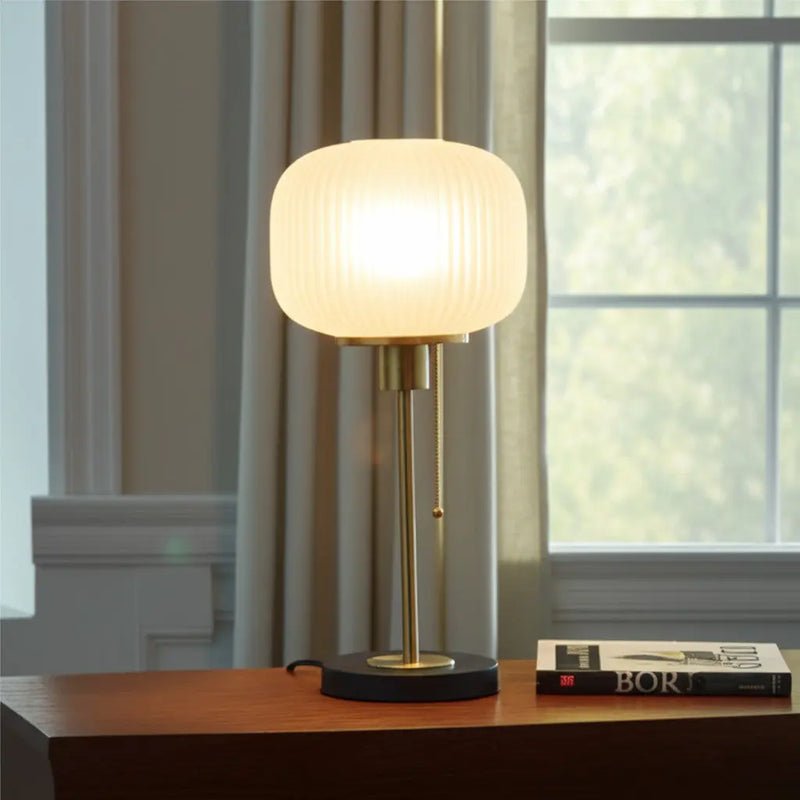 22" Antiqued Brass Table Lamp With White Ribbed Frosted Glass Dome Shade - GreatEagleInc