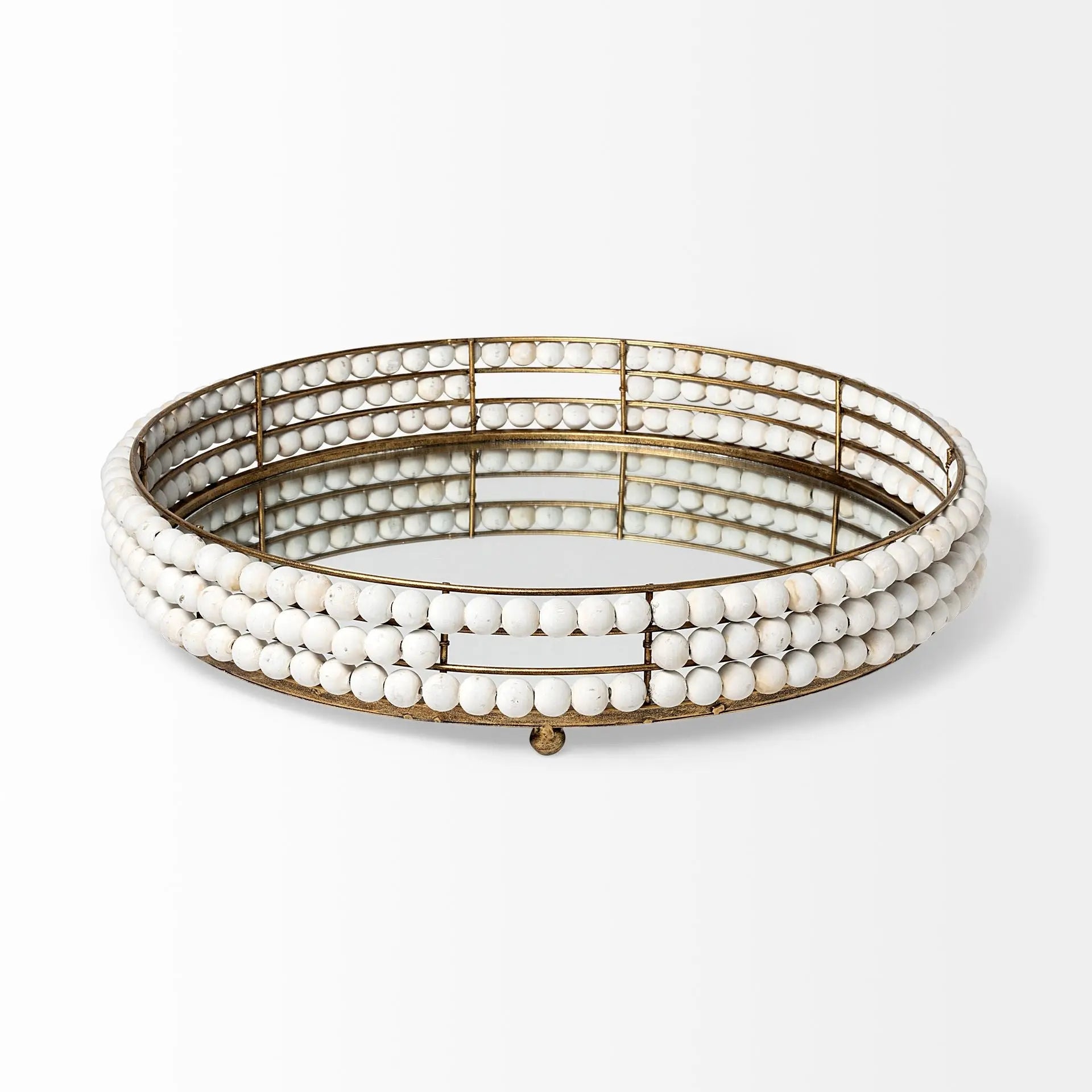 22" Antiqued Gold And White Metal Wood And Mirrored Glass Round Vanity Tray Homeroots Kitchen & Dining
