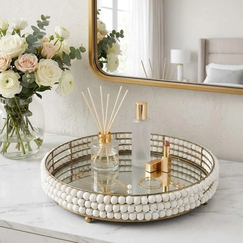 22" Antiqued Gold And White Metal Wood And Mirrored Glass Round Vanity Tray Homeroots Kitchen & Dining