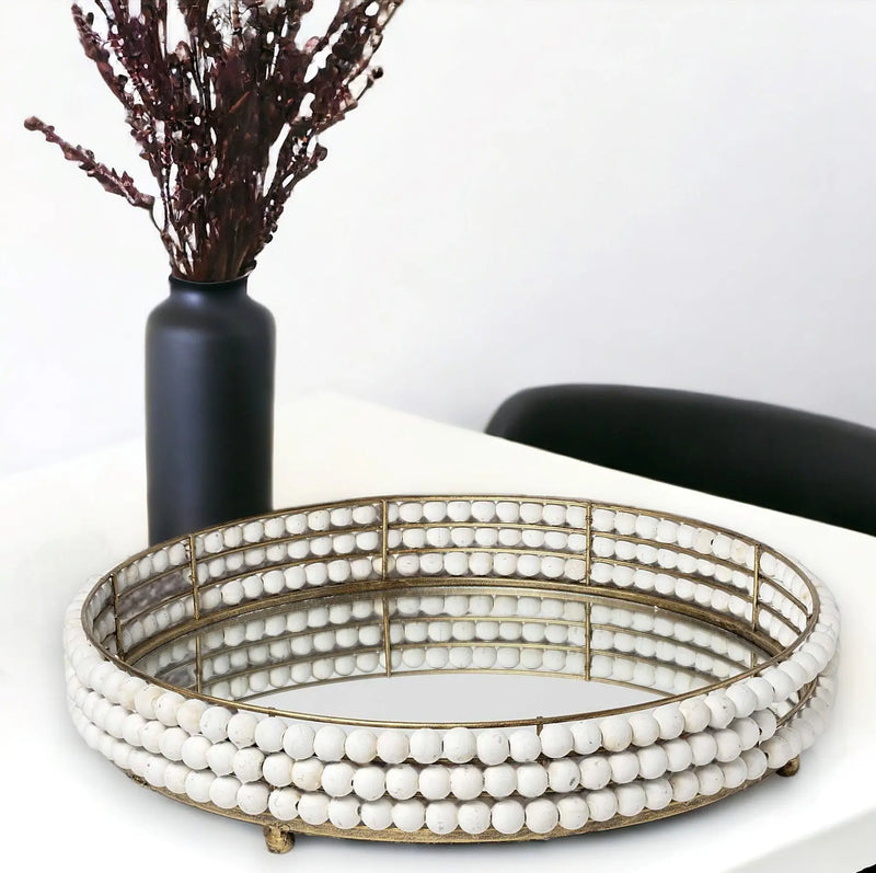 22" Antiqued Gold And White Metal Wood And Mirrored Glass Round Vanity Tray Homeroots Kitchen & Dining