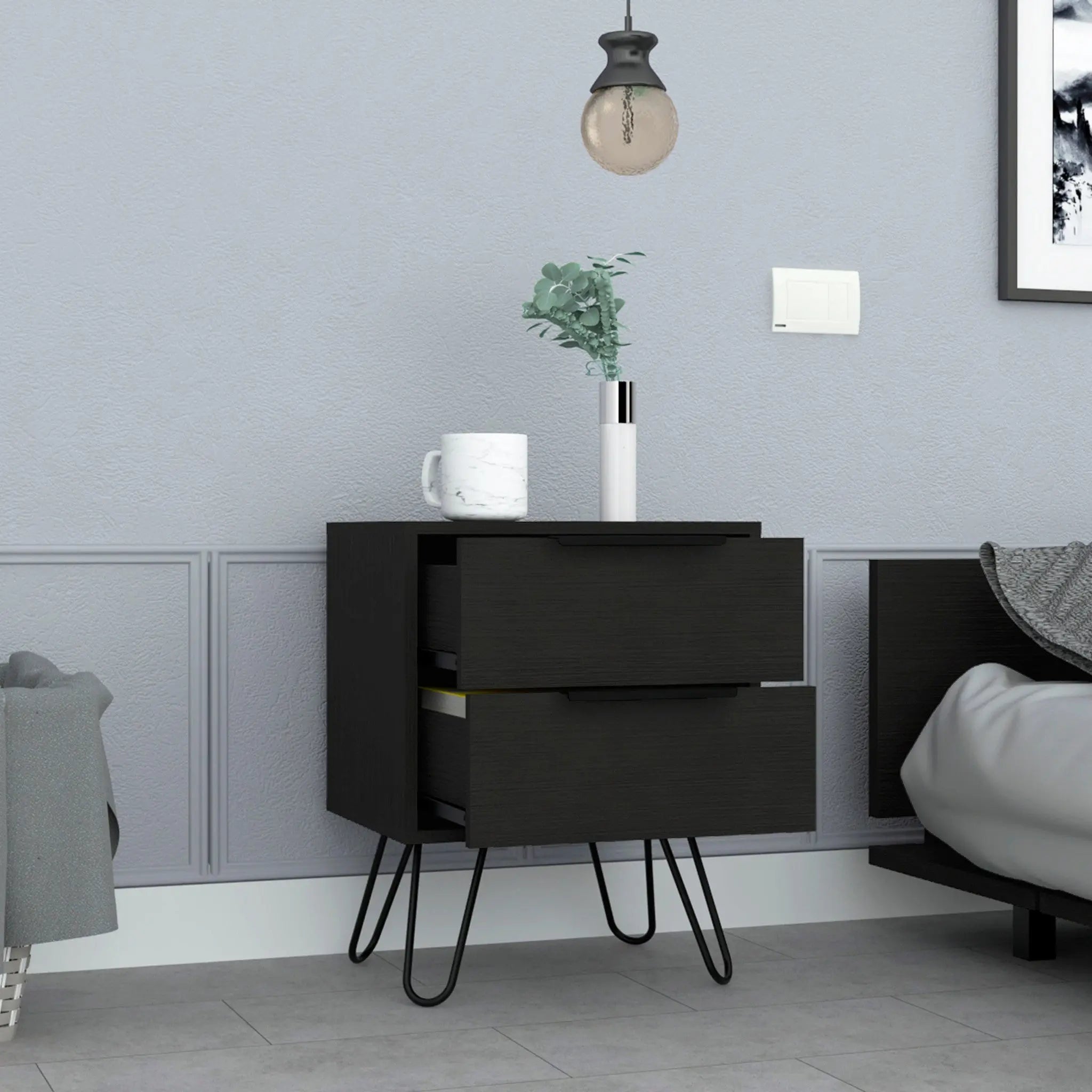 22" Black Wood Two Drawer Nightstand Homeroots Bed & Bath