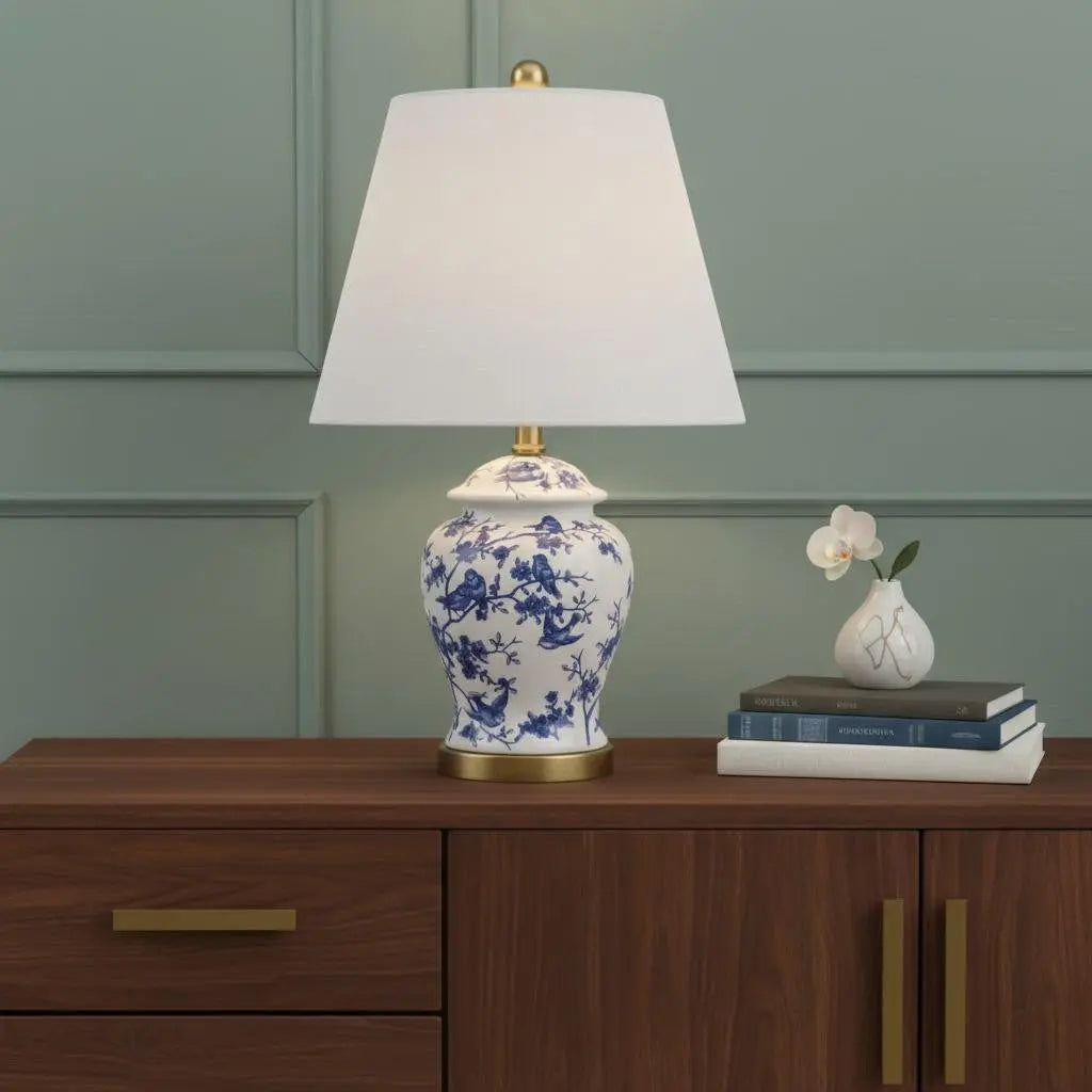 22" Blue Gold And White Urn Table Lamp With Empire Shade Homeroots Lighting
