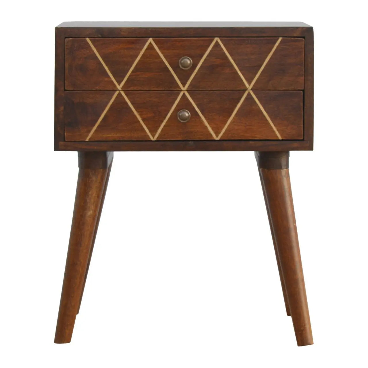 22" Chestnut Solid Wood Geometric Brass Inlay Two Drawer Nightstand Homeroots Bed & Bath