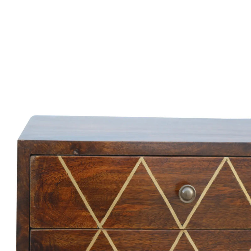 22" Chestnut Solid Wood Geometric Brass Inlay Two Drawer Nightstand Homeroots Bed & Bath