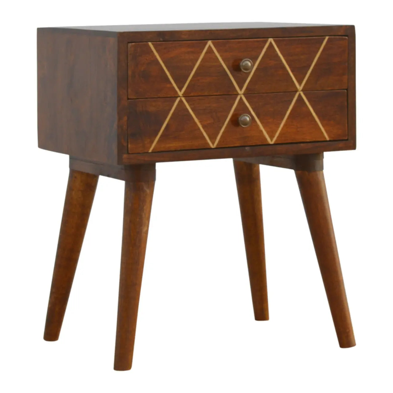22" Chestnut Solid Wood Geometric Brass Inlay Two Drawer Nightstand Homeroots Bed & Bath