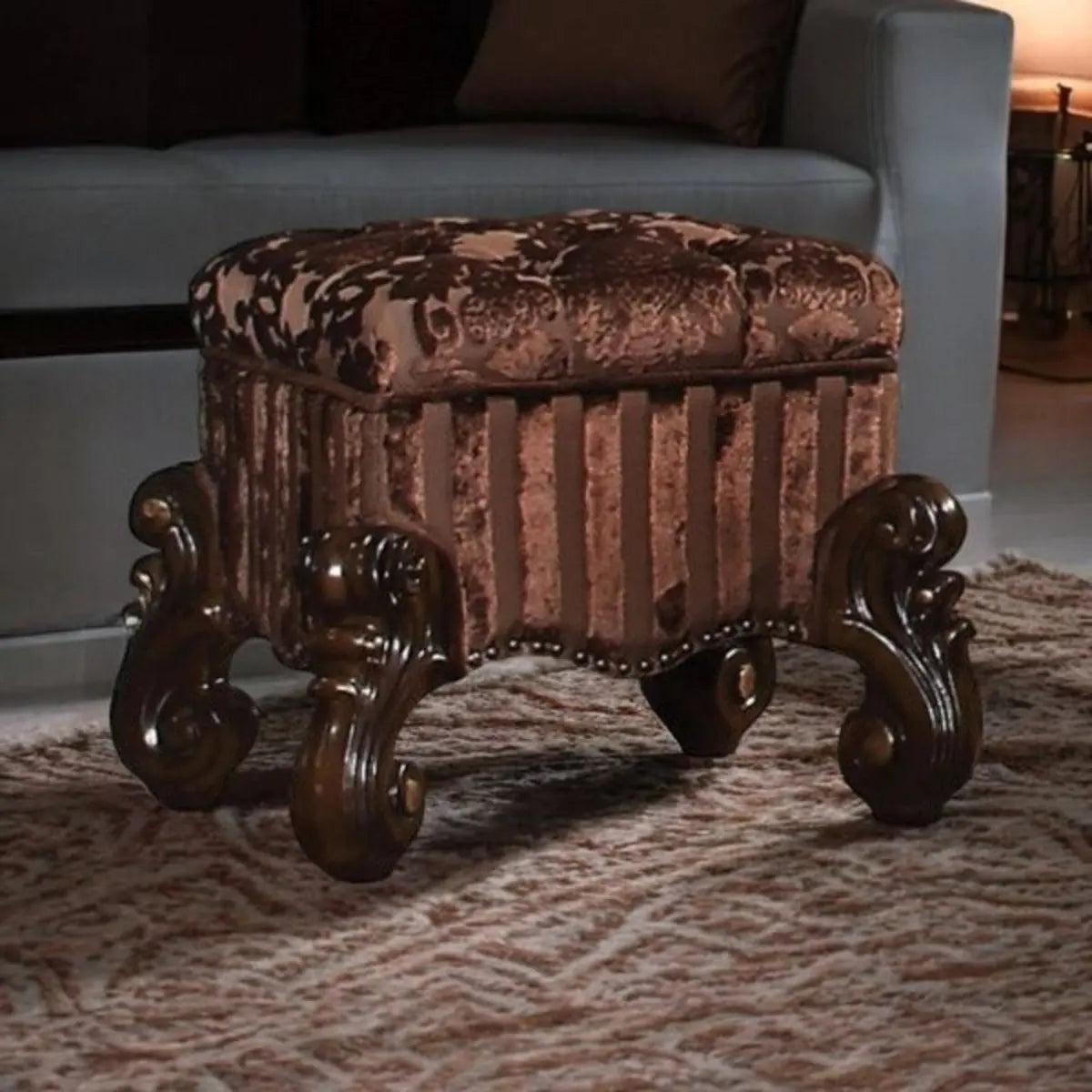 22" Chocolate Fabric Damask Footstool Homeroots Living Room