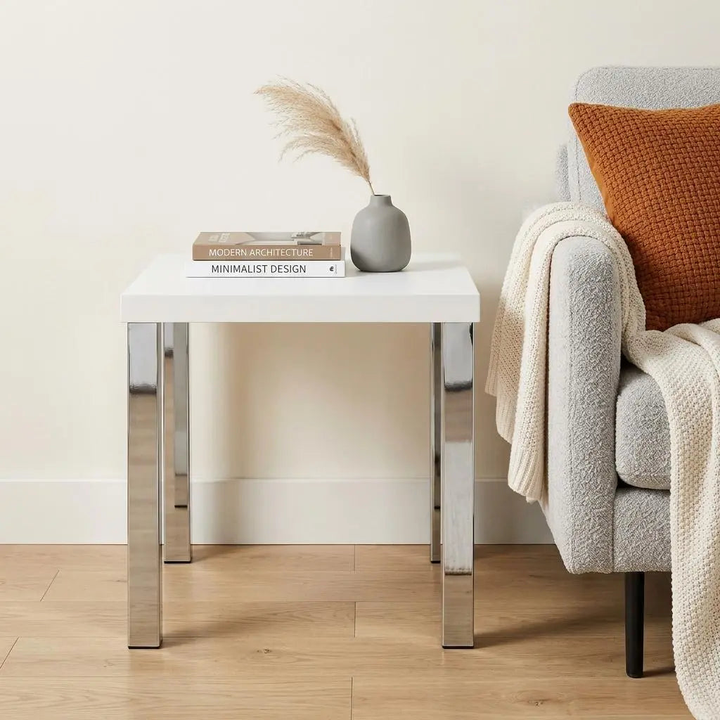 22" Chrome And White High Gloss Square End Table Homeroots Living Room