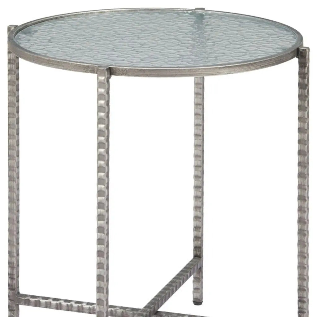 22" Clear and Silver Glass and Distressed Steel Round End Table Homeroots Living Room