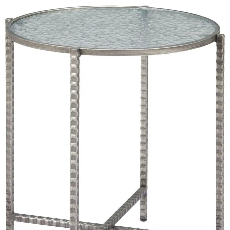 22" Clear and Silver Glass and Distressed Steel Round End Table Homeroots Living Room