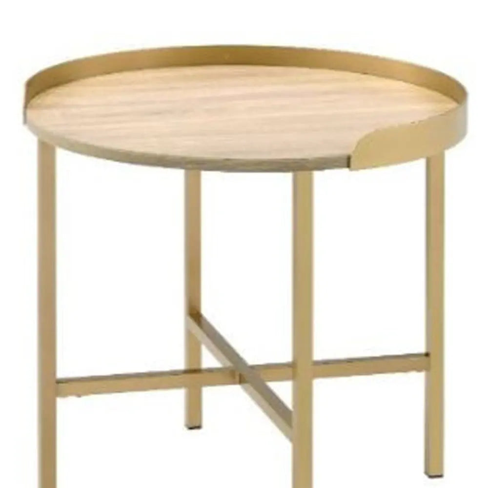 22" Gold And Oak Manufactured Wood And Metal Round End Table Homeroots Living Room