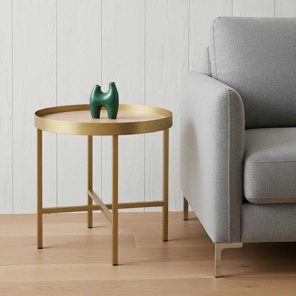 22" Gold And Oak Manufactured Wood And Metal Round End Table Homeroots Living Room