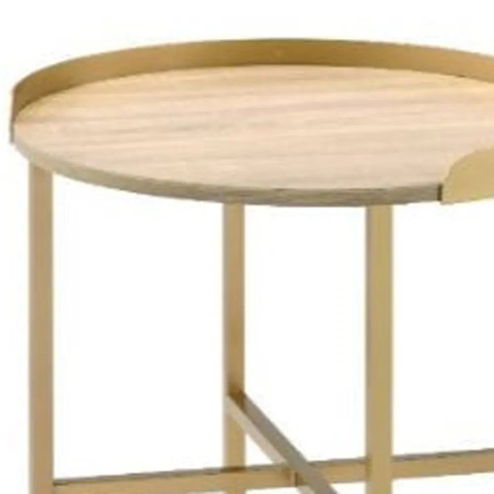22" Gold And Oak Manufactured Wood And Metal Round End Table Homeroots Living Room