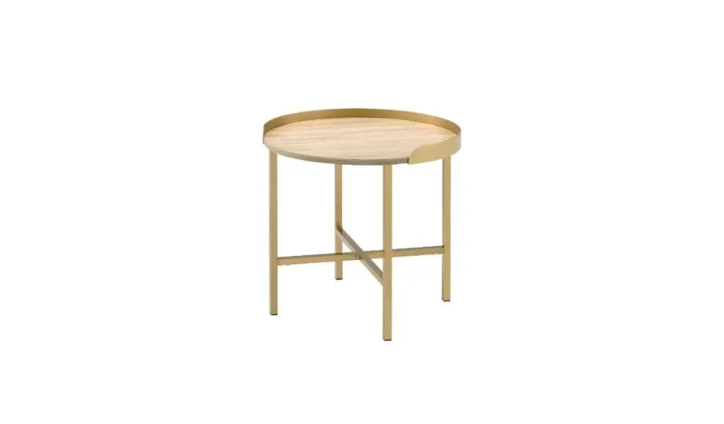 22" Gold And Oak Manufactured Wood And Metal Round End Table Homeroots Living Room