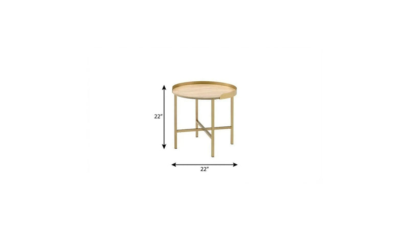 22" Gold And Oak Manufactured Wood And Metal Round End Table Homeroots Living Room