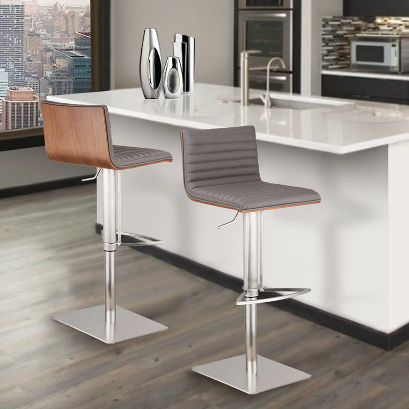 22" Gray And Silver Iron Swivel Low Back Adjustable Height Bar Chair - GreatEagleInc