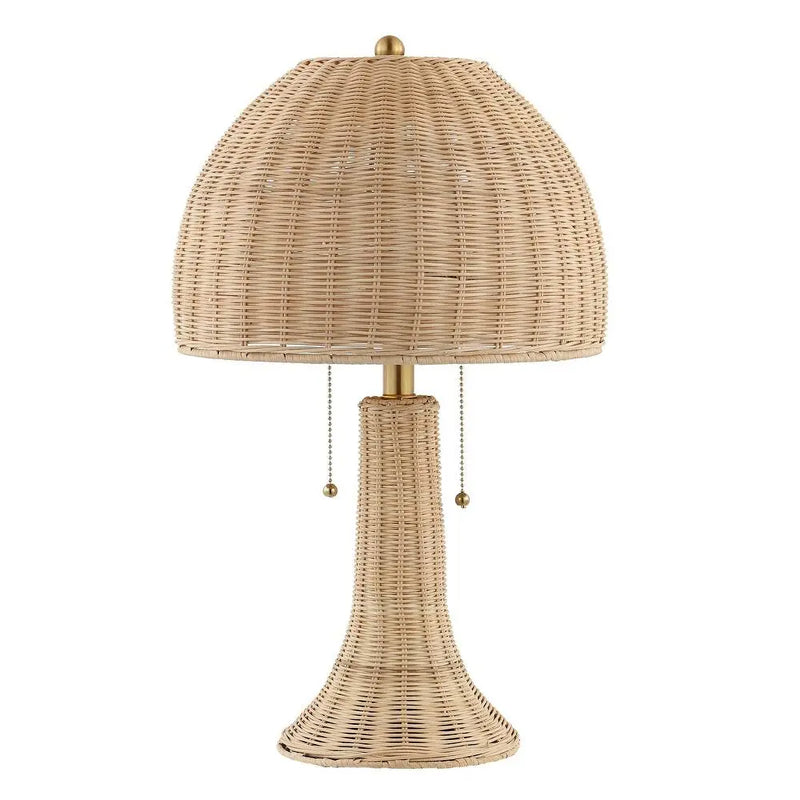 Natural woven wicker table lamp with a gold finish, featuring a dome-shaped shade and pull chains.