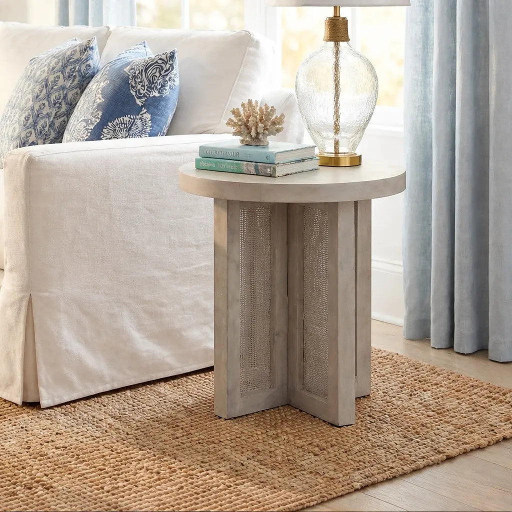 22" Natural Solid Wood And Rattan Round End Table Homeroots Living Room