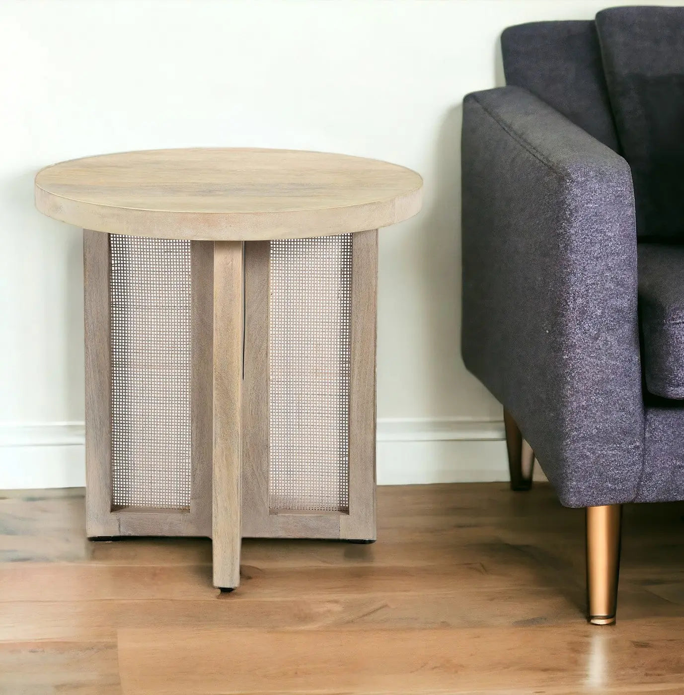 22" Natural Solid Wood And Rattan Round End Table Homeroots Living Room