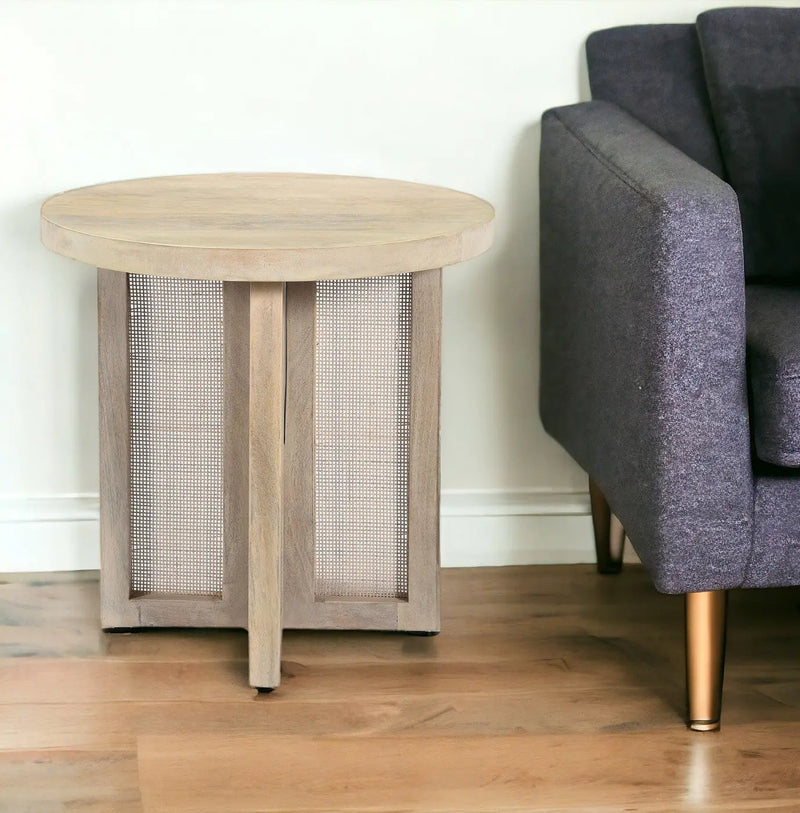 22" Natural Solid Wood And Rattan Round End Table Homeroots Living Room