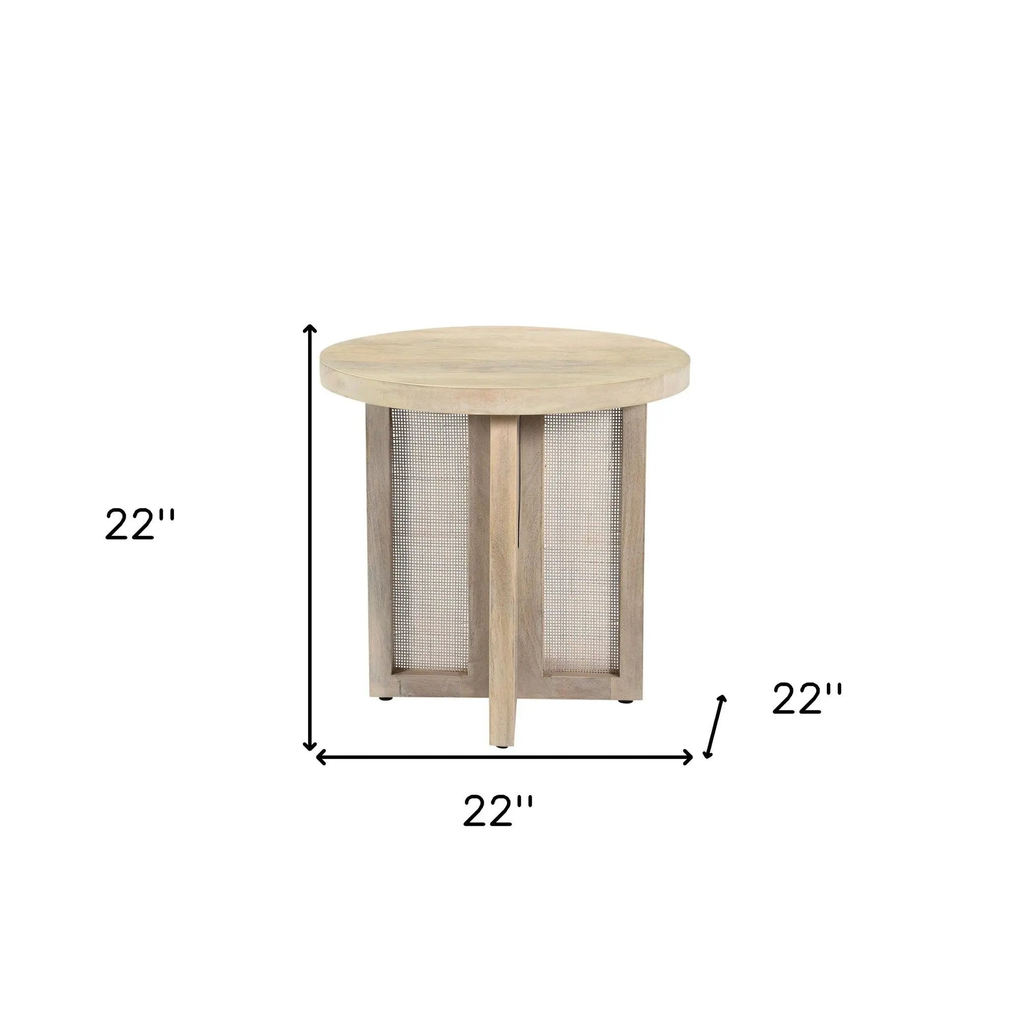 22" Natural Solid Wood And Rattan Round End Table Homeroots Living Room