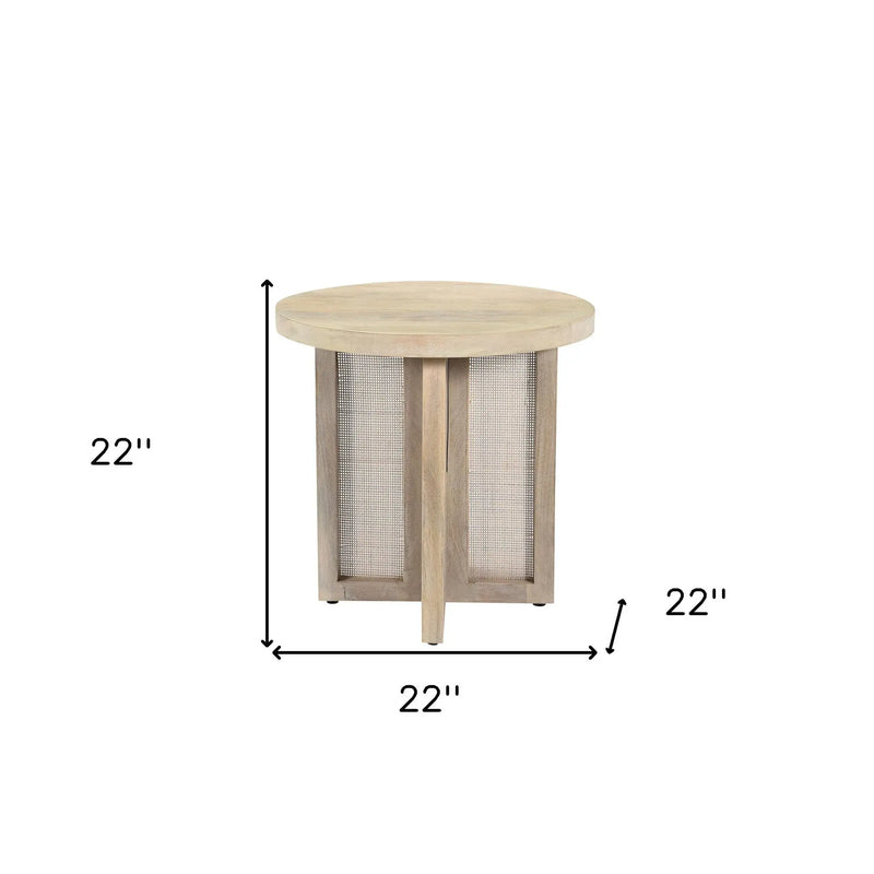 22" Natural Solid Wood And Rattan Round End Table Homeroots Living Room