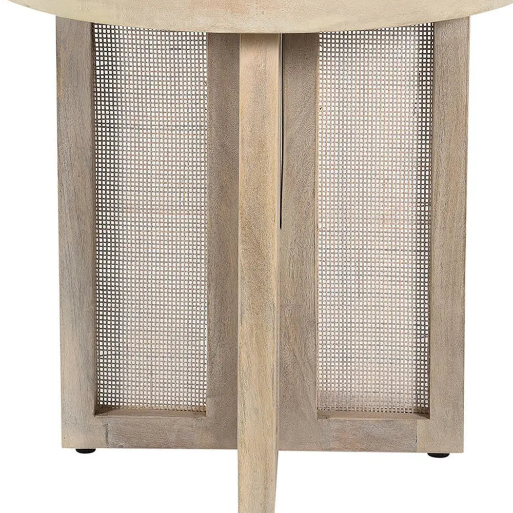 22" Natural Solid Wood And Rattan Round End Table Homeroots Living Room