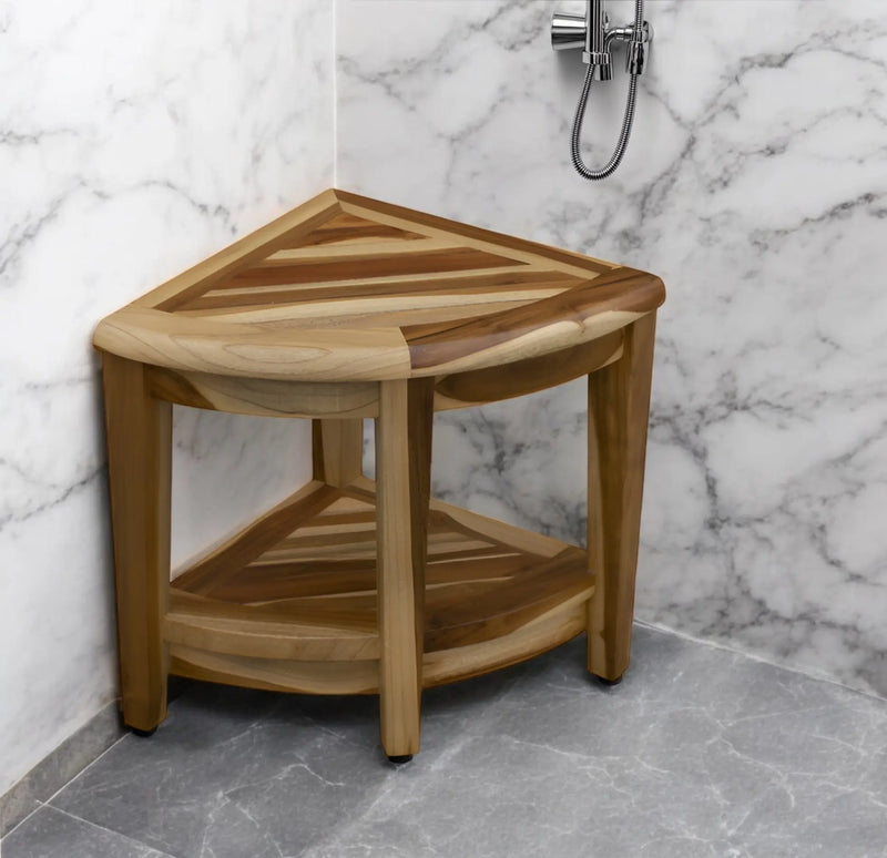 22" Natural Teak Corner Shower Bench With Shelf Homeroots Bed & Bath