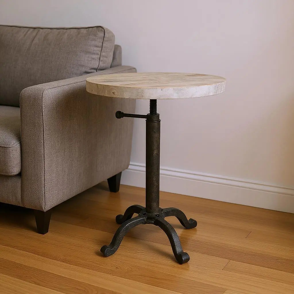 22" Natural and Black Solid Wood and Metal Height Adjustable Round Pedestal End Table Homeroots Living Room