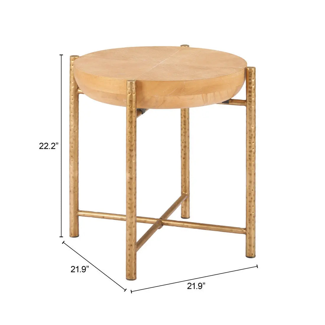 22" Natural and Gold Wood and Stainless Steel Round End Table Homeroots Living Room