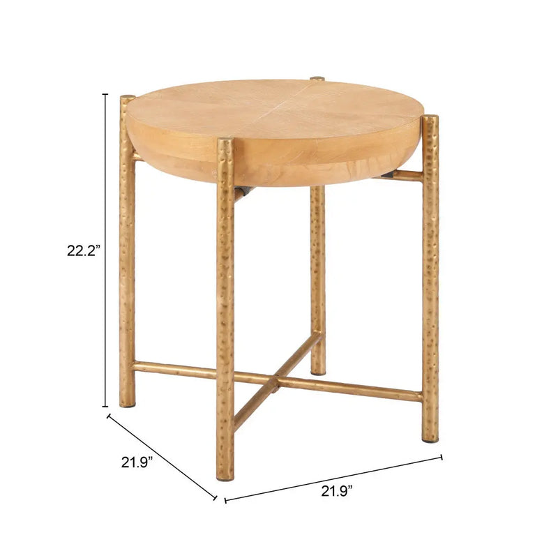 22" Natural and Gold Wood and Stainless Steel Round End Table Homeroots Living Room