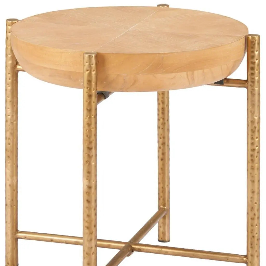 22" Natural and Gold Wood and Stainless Steel Round End Table Homeroots Living Room