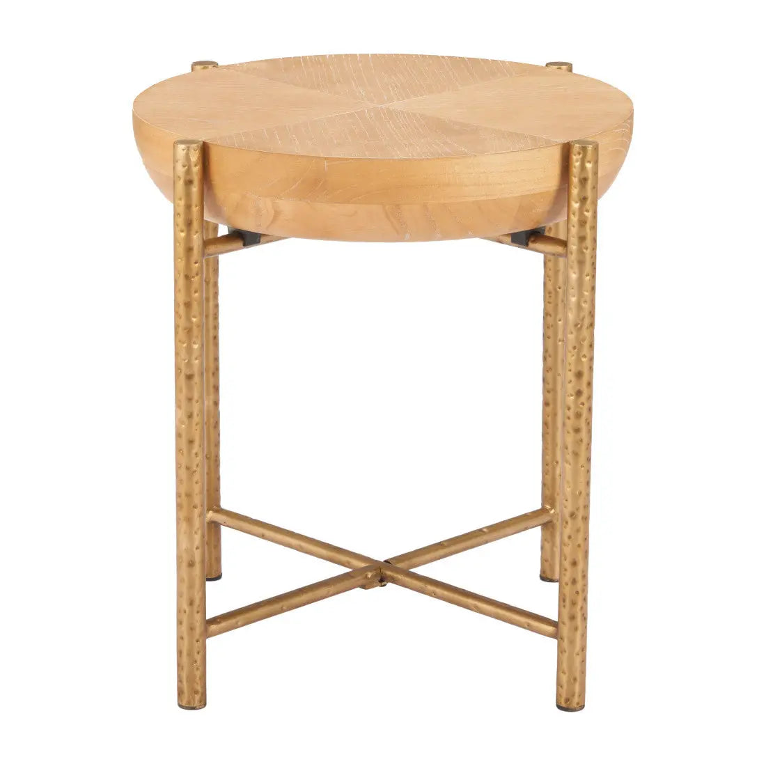 22" Natural and Gold Wood and Stainless Steel Round End Table Homeroots Living Room