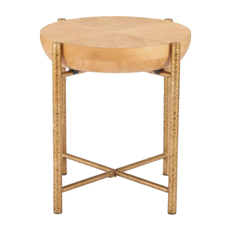 22" Natural and Gold Wood and Stainless Steel Round End Table Homeroots Living Room