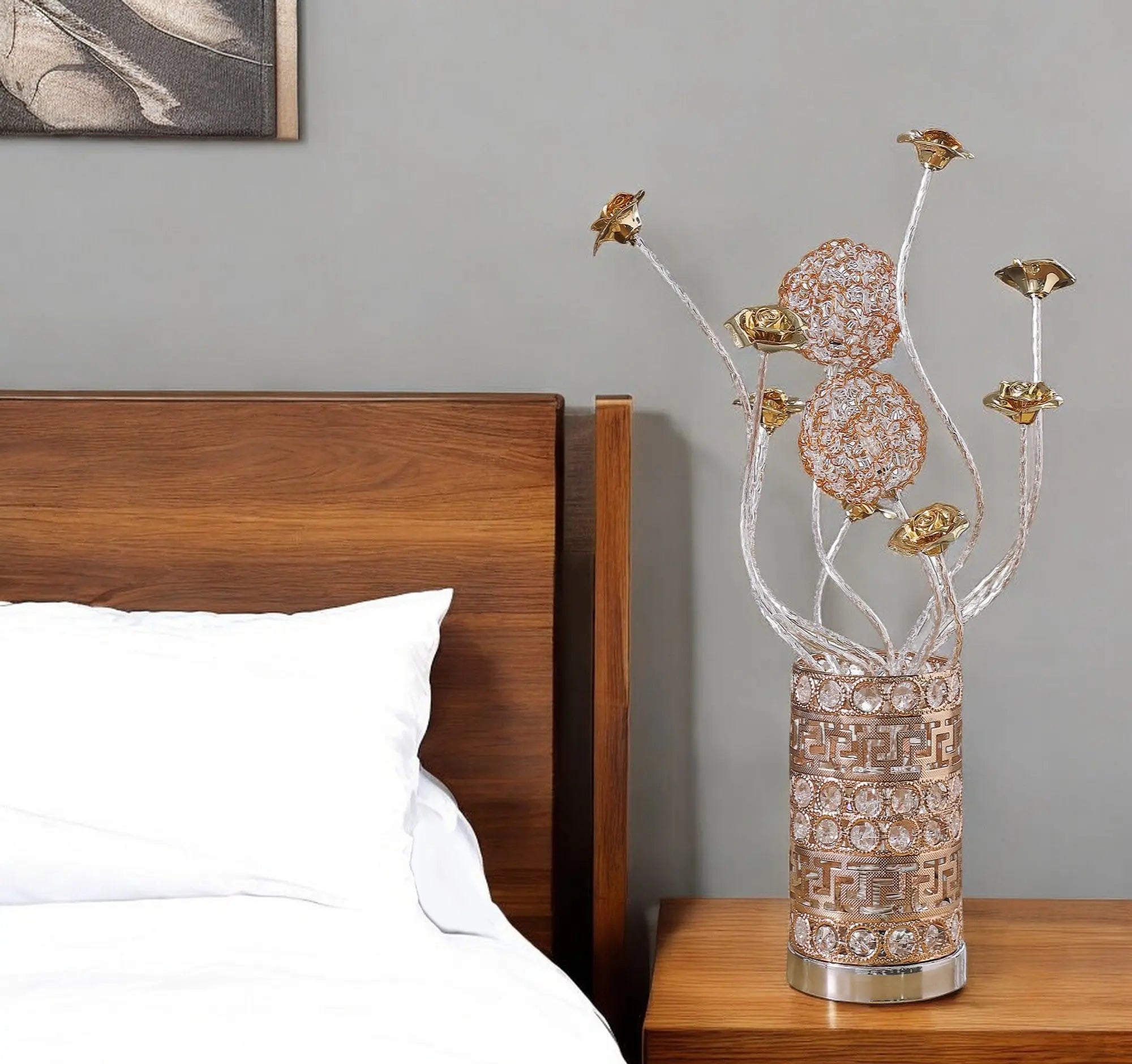 22" Silver And Rose Gold Metal And Acrylic Flowers Bedside Lamp Homeroots Lighting